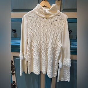 White House Black Market Cream Cable Turtleneck Sweater with Fringe